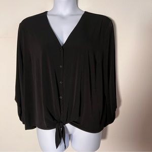 NWT Acoa Black Button Up Blouson Top with Tie Waist. Flattering and Comfortable!